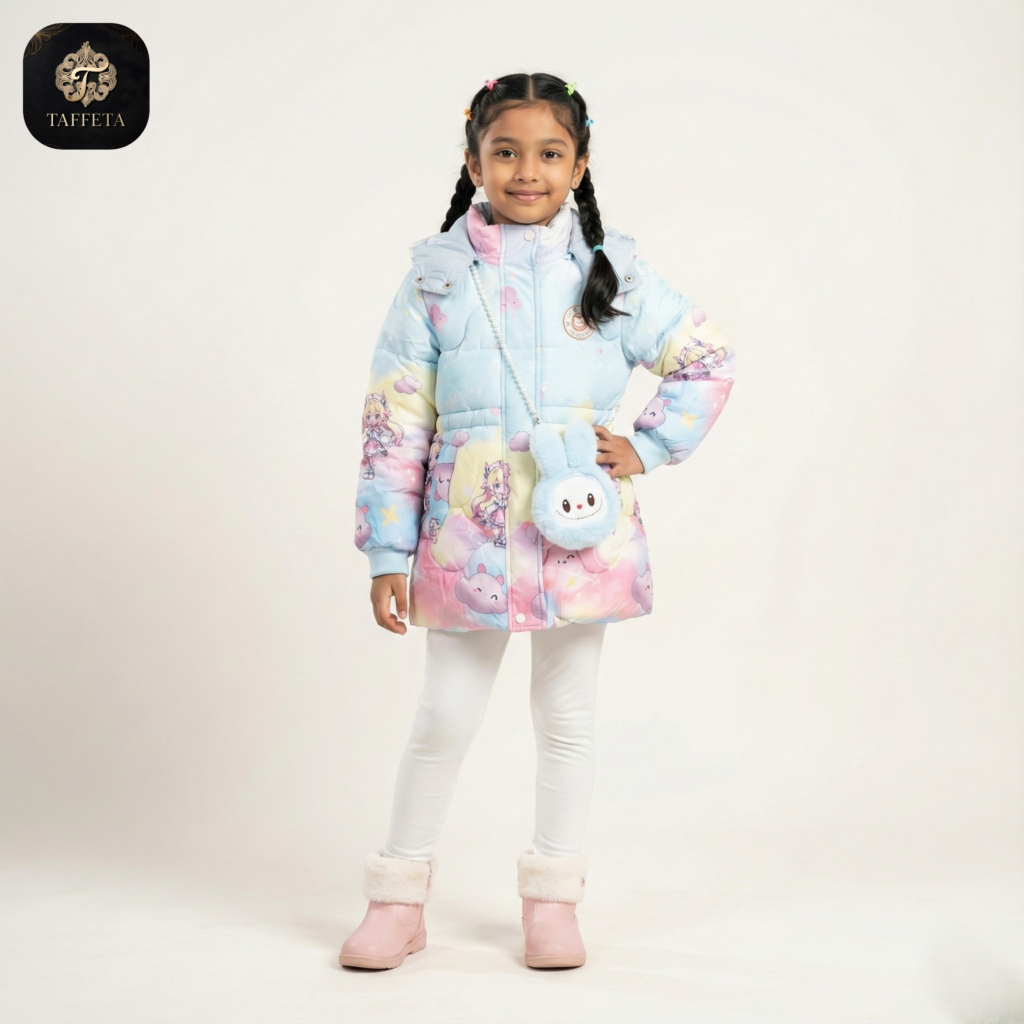 anime princess print pastel gradient puffer jacket with bunny bag