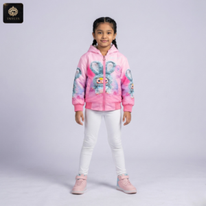 pink cartoon bunny print fleece lined hooded jacket