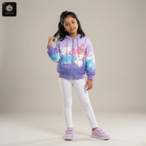 pink cartoon bunny print fleece lined hooded jacket