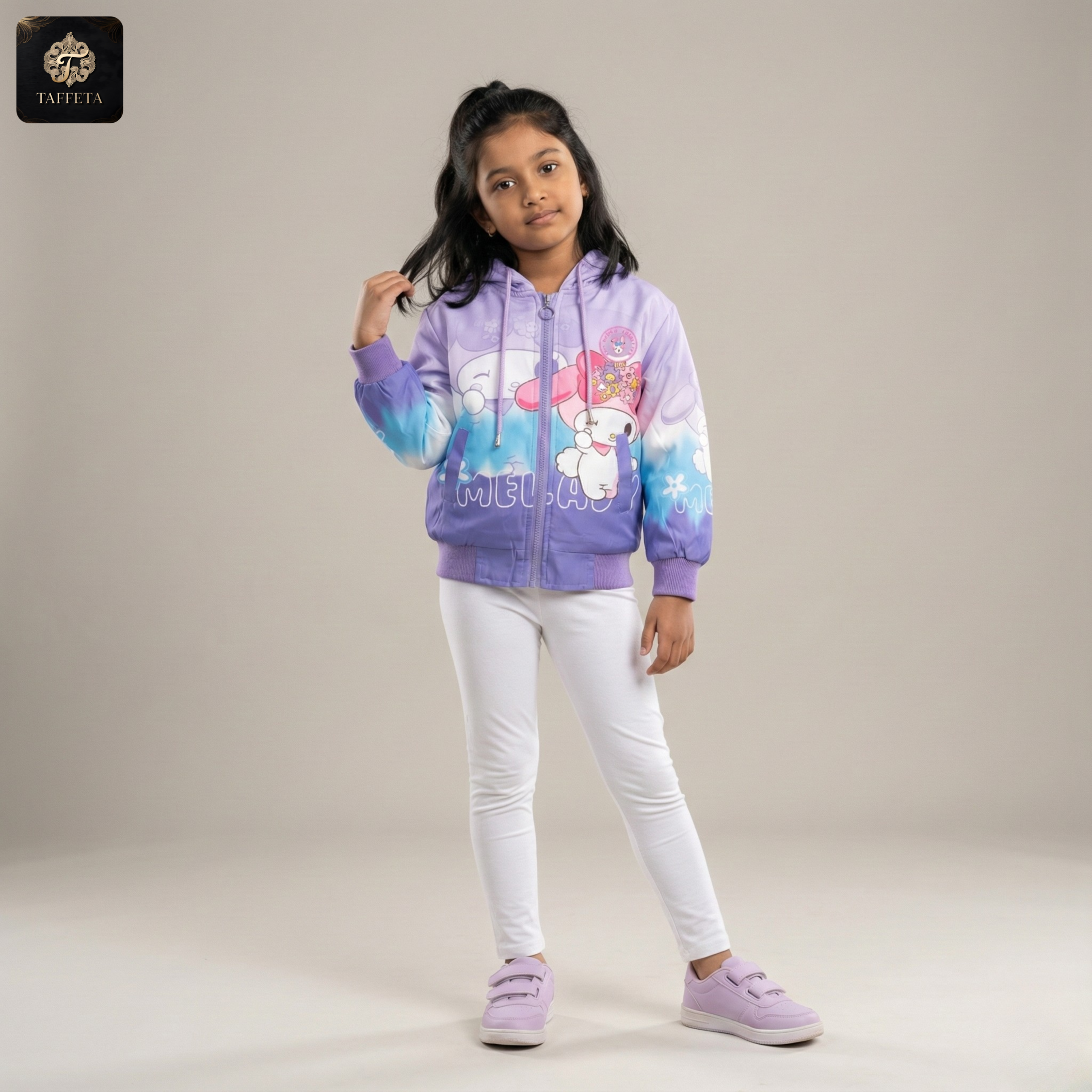 pink cartoon bunny print fleece lined hooded jacket