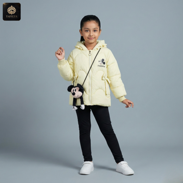 micky mouse themed hooded puffer jacket with matching bag