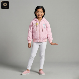 pink cartoon bunny print fleece lined hooded jacket