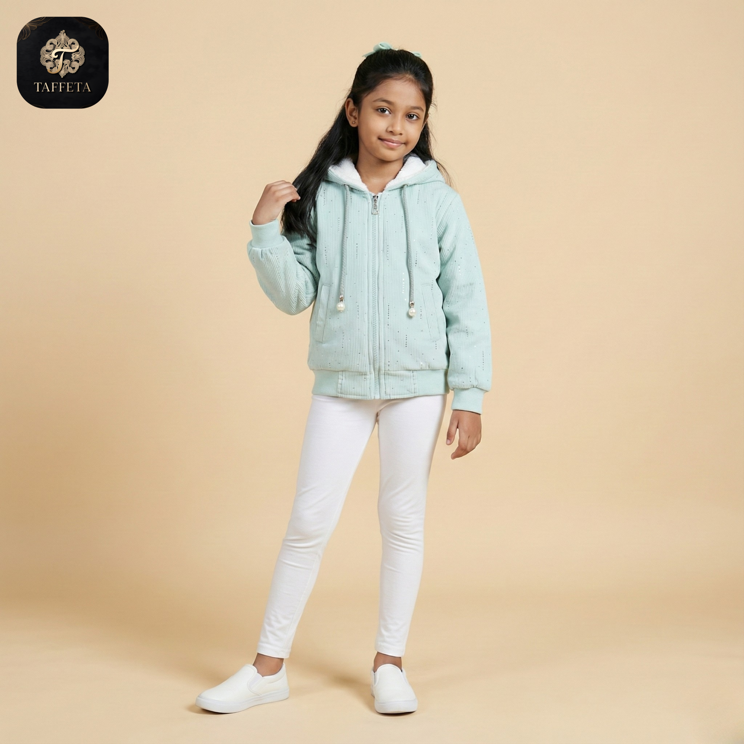 girls' sparkly ribbed knit sherpa lined hoodie with pearl accents