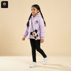 micky mouse themed hooded puffer jacket with matching bag