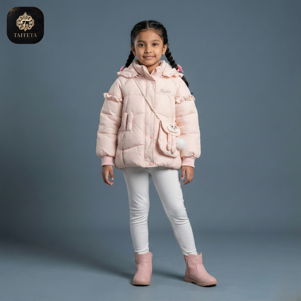 pink cartoon bunny print fleece lined hooded jacket