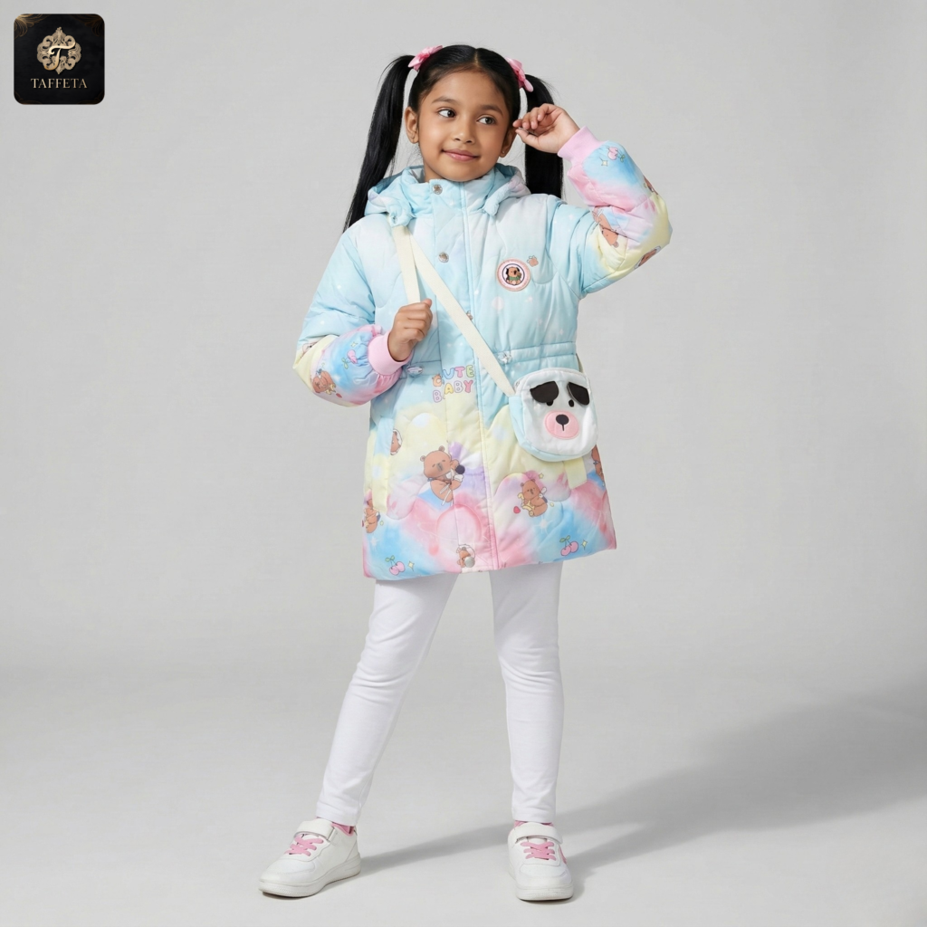 pink cartoon bunny print fleece lined hooded jacket