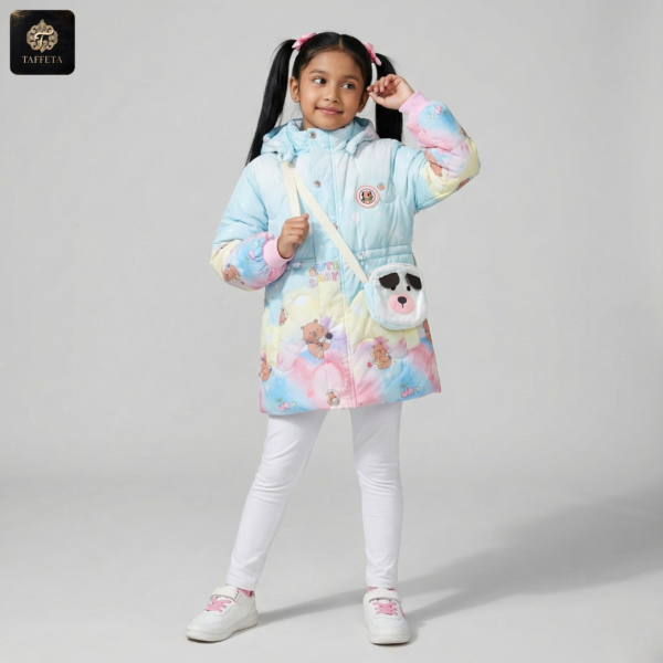 pink cartoon bunny print fleece lined hooded jacket