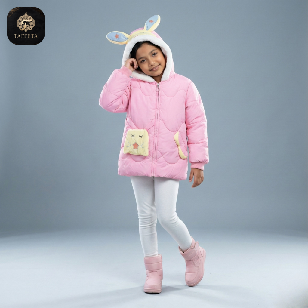pink cartoon bunny print fleece lined hooded jacket