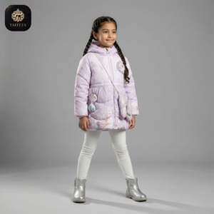 girls' premium frozen themed puffer jacket with hood & matching bag