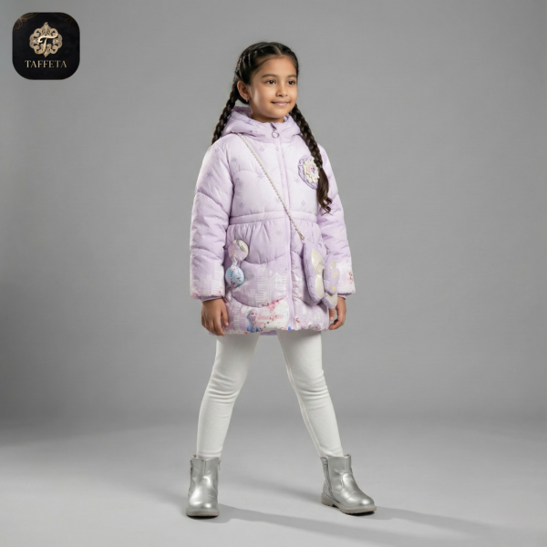 girls' premium frozen themed puffer jacket with hood & matching bag