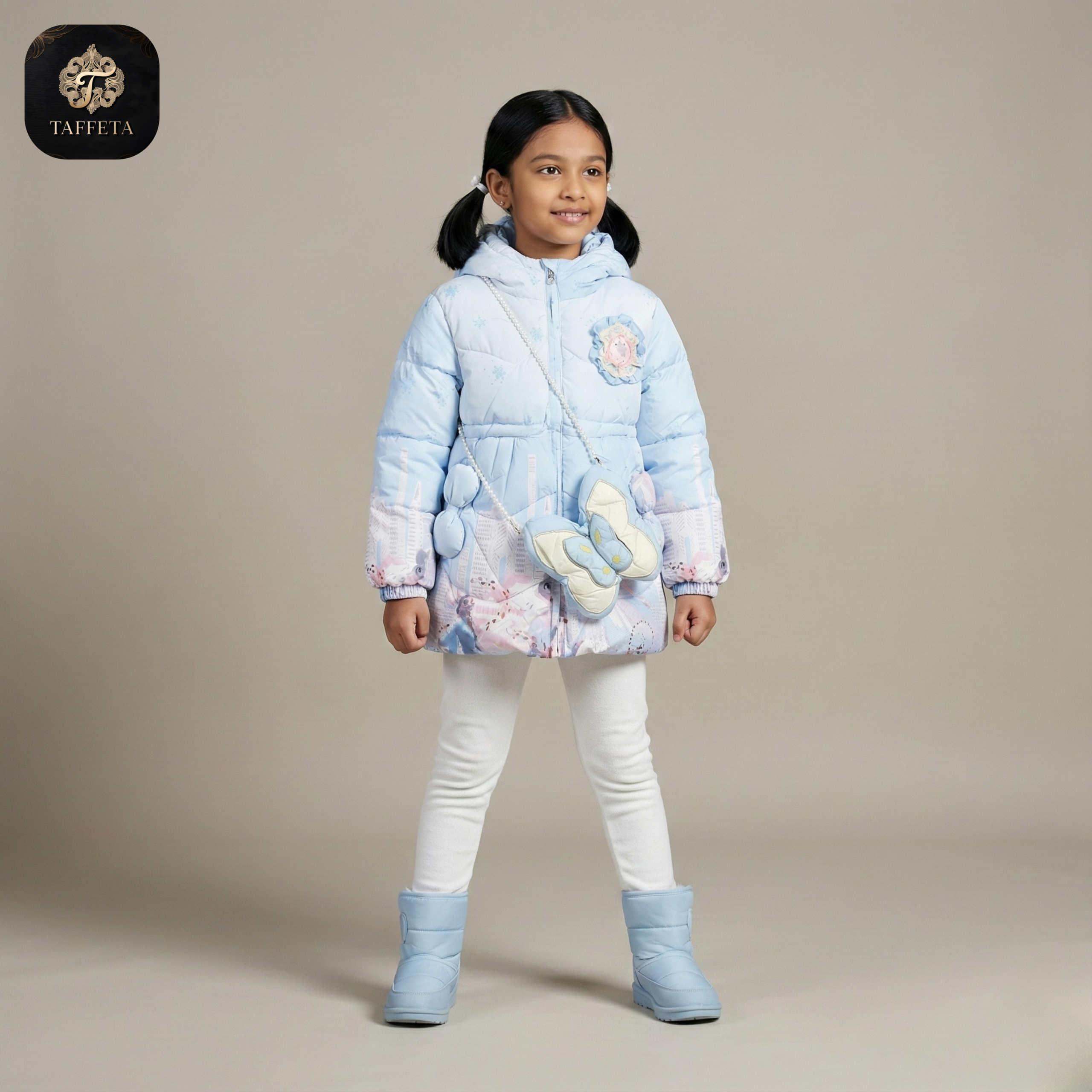 girls' premium frozen themed puffer jacket with hood & matching bag